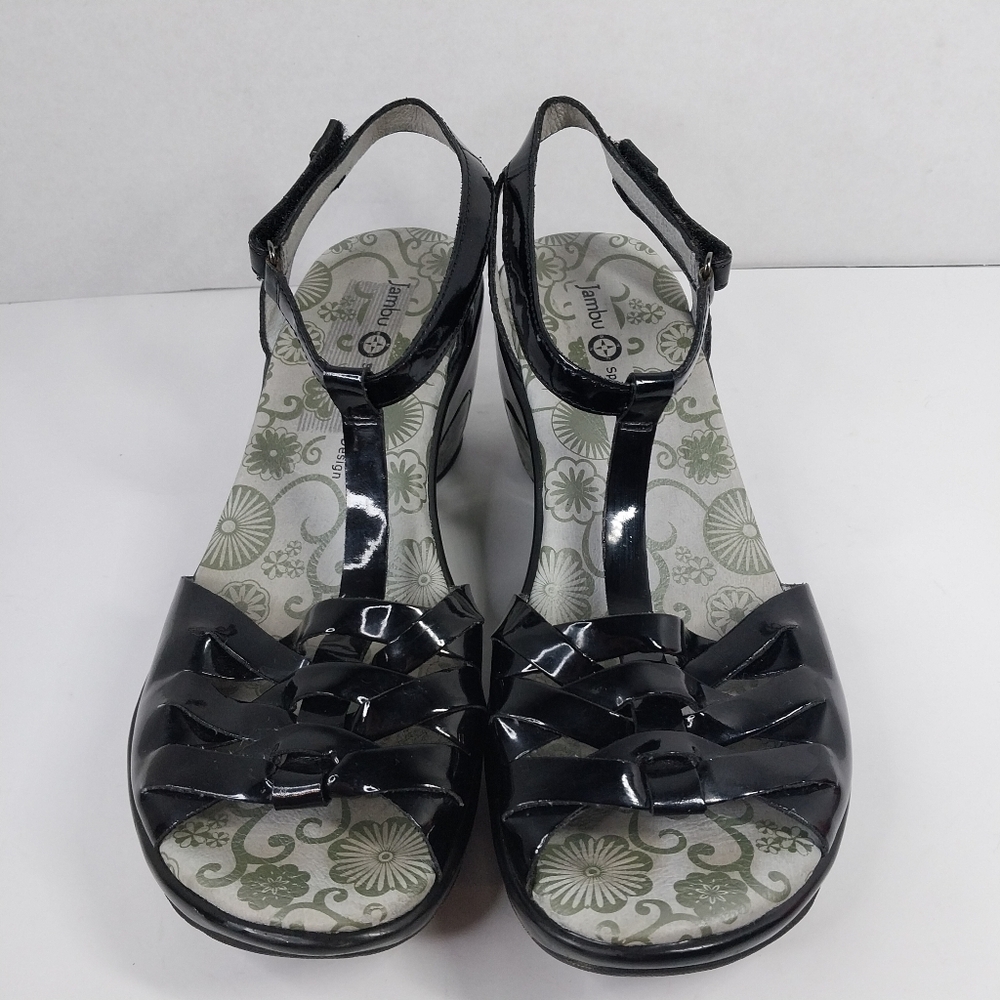Jambu Sport Wedge Camden Size 9 M Glossy Black T-Strap Sandals Shoes - Picture 2 of 13